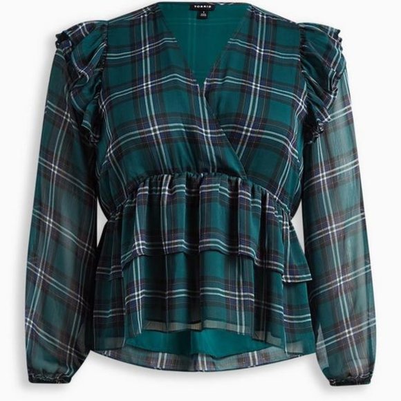 Torrid Size 2 - Chiffon Ruffled Surplice Crop Top - Plaid Green - Picture 4 of 4